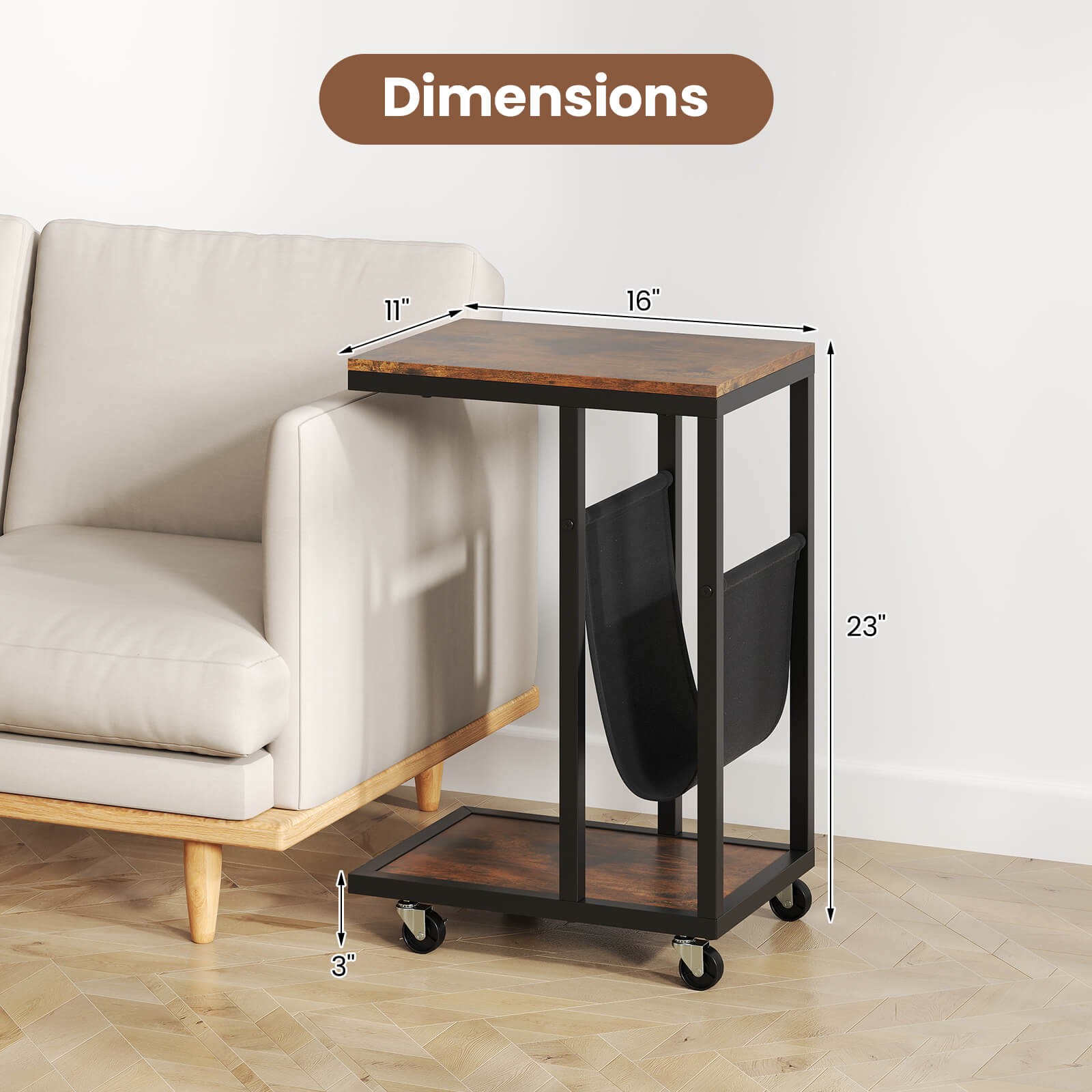 C-shaped Side Table 2-tier Sofa Couch Table w/ Canvas Storage Pouch Brown