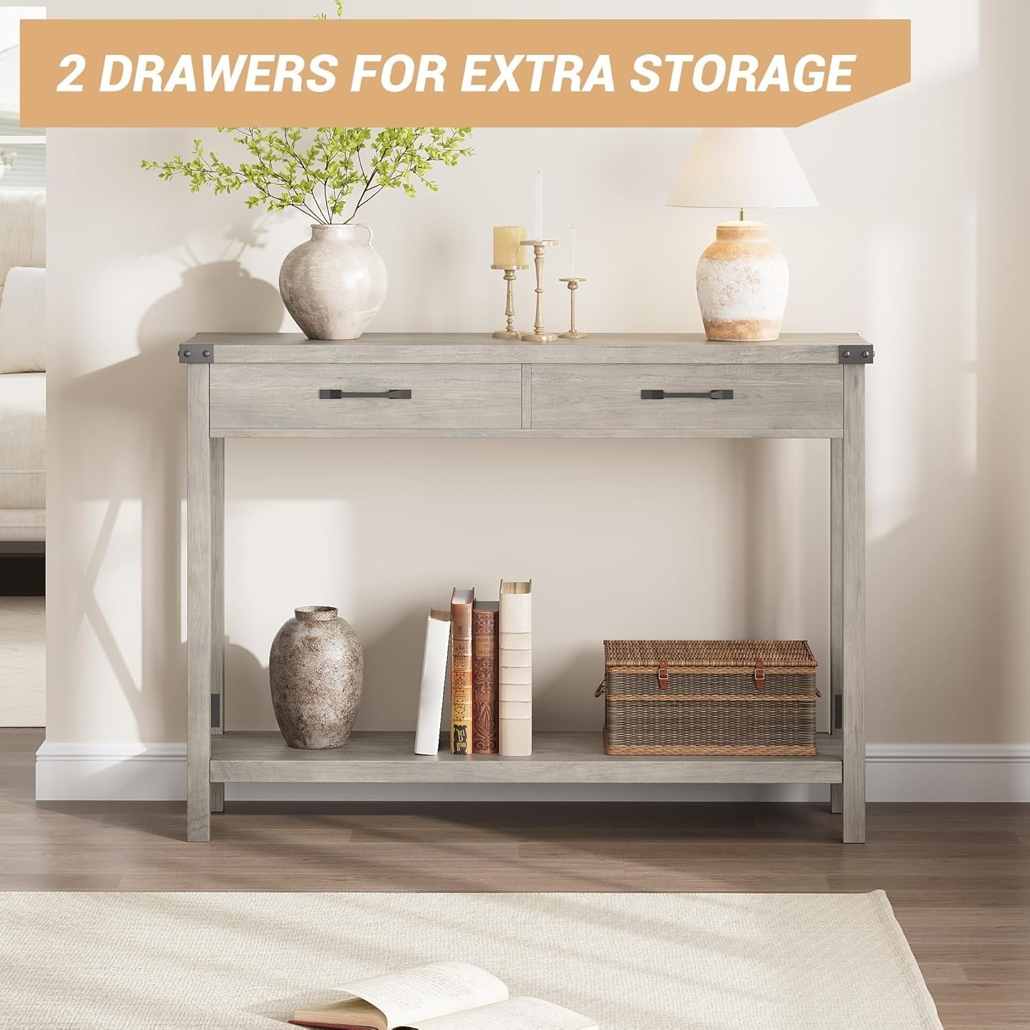 Console Table Open Shelf Accent Entryway Narrow Behind Sofa Table with 2 Drawer
