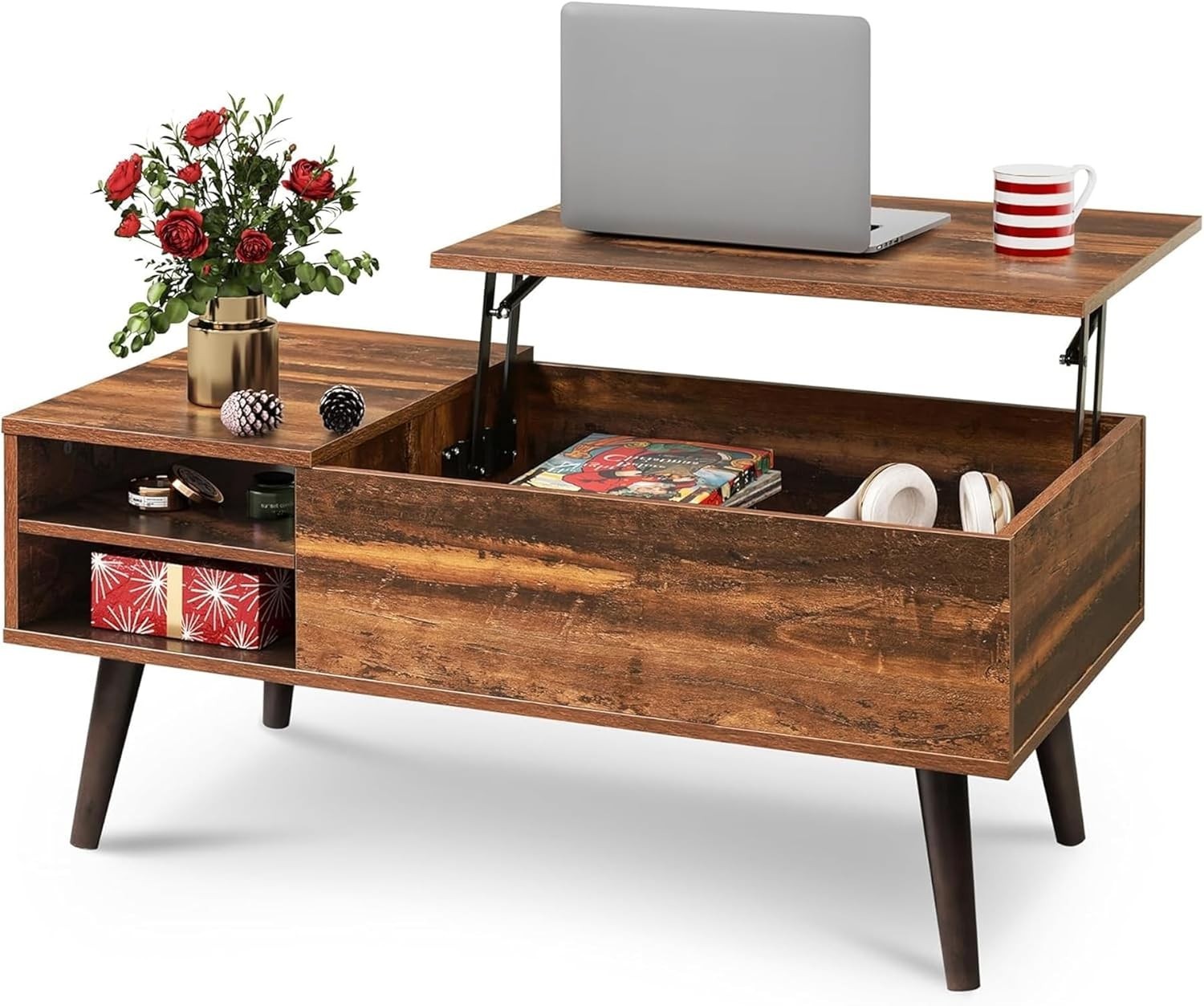 Brown Wooden Coffee Table with Hidden Storage & Lifting Design for Small Spaces