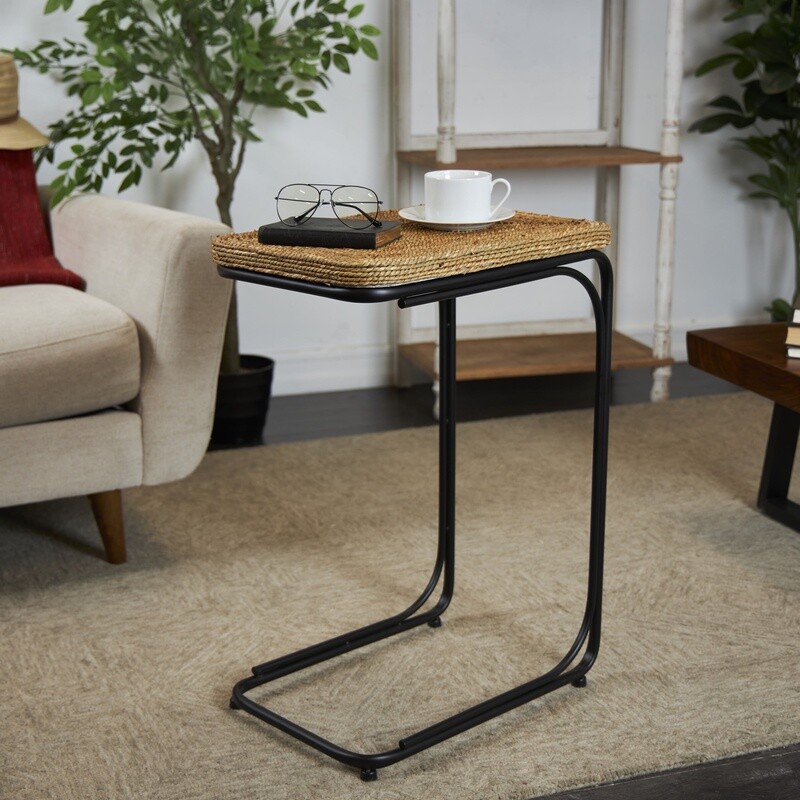 Handmade Coiled C-Shaped Accent Table W/ Black Metal Legs Indoor Decor New