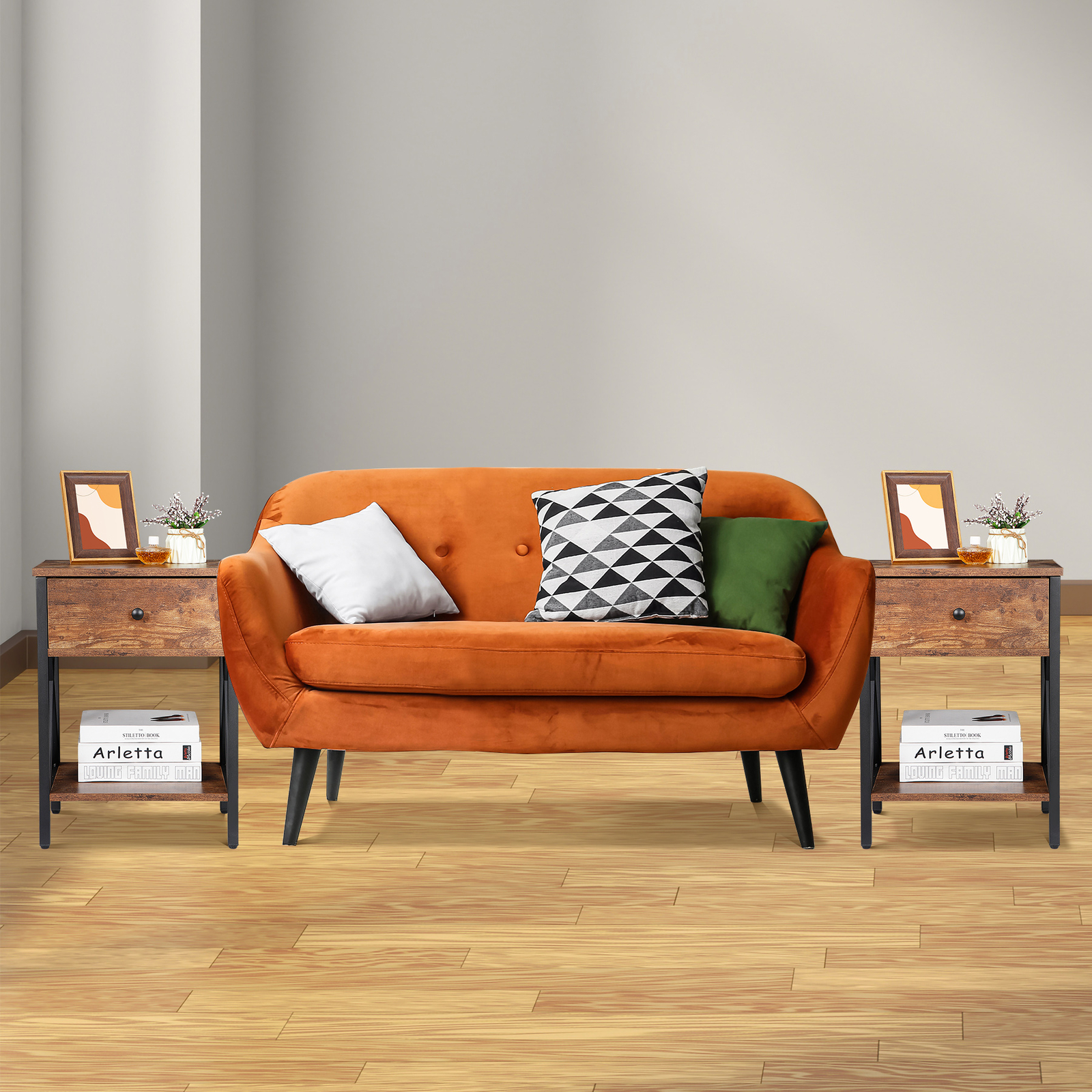 Set of 2 End Tables X-Design Legs Side Sofa Table Storage Shelf W/Drawer Brown