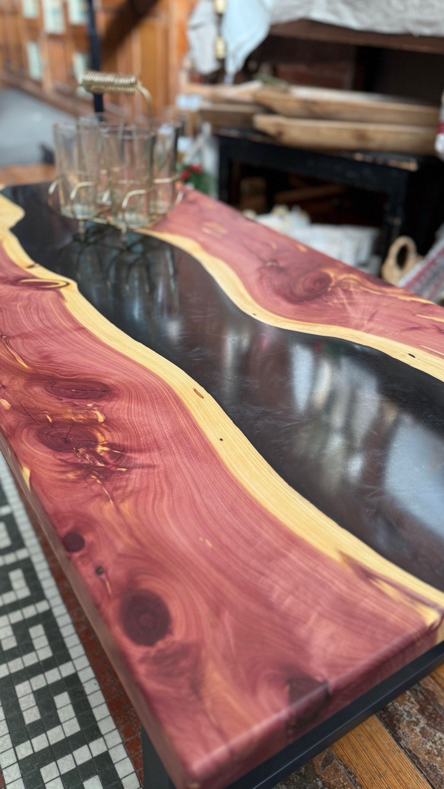 Red Cedar Black Epoxy River Coffee Table – Hand Made – Home Decor- BEAUTIFUL!