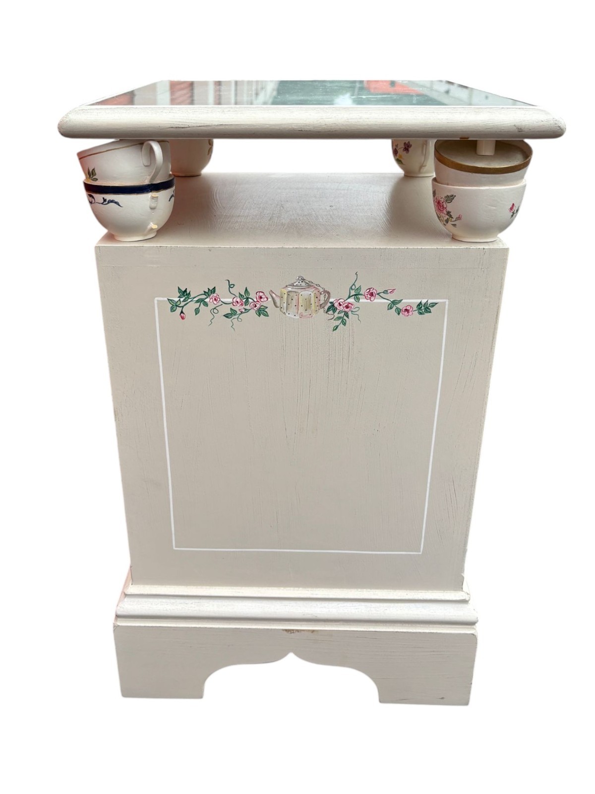 Charming Hand-Painted White Side Table with Teacup Accents