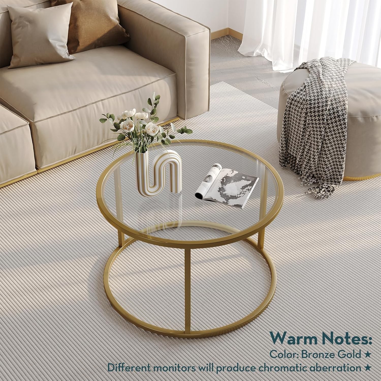 Small Glass Coffee Table Round Gold Coffee Table for Small Space Modern Simple..