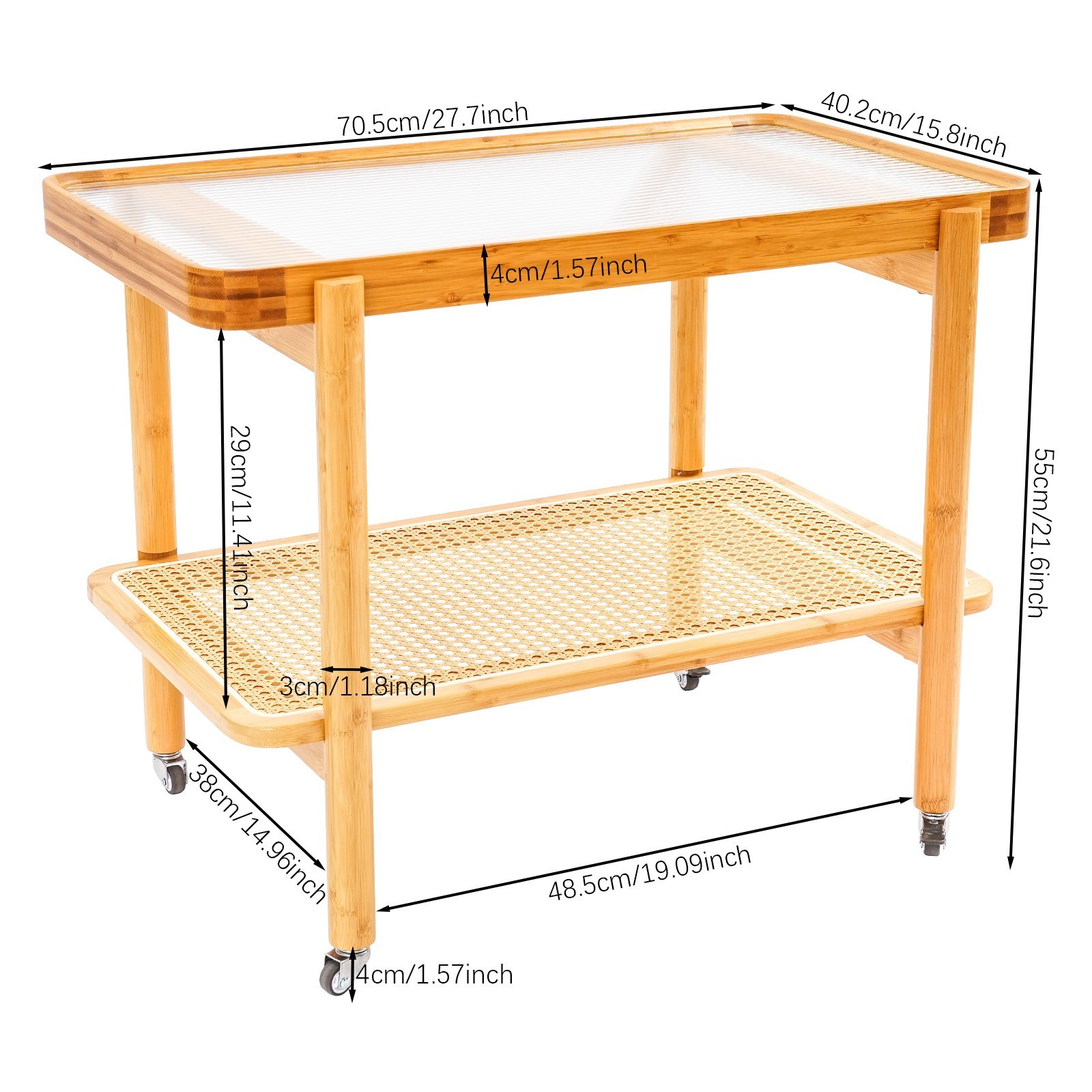 Tempered Glass, Resin, Bamboo Coffee Table with Wheels, 2 Shelves Sofa Table US