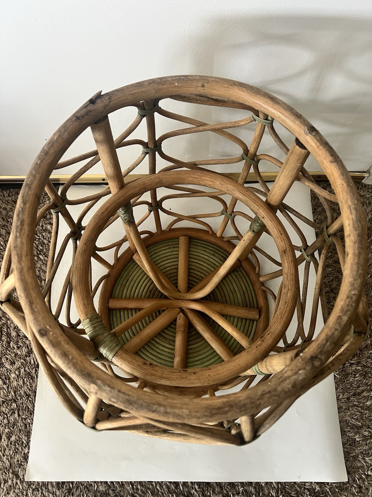 Vintage Rattan Bamboo Side Table Plant Stand Coiled Top Accent Boho Chic MCM