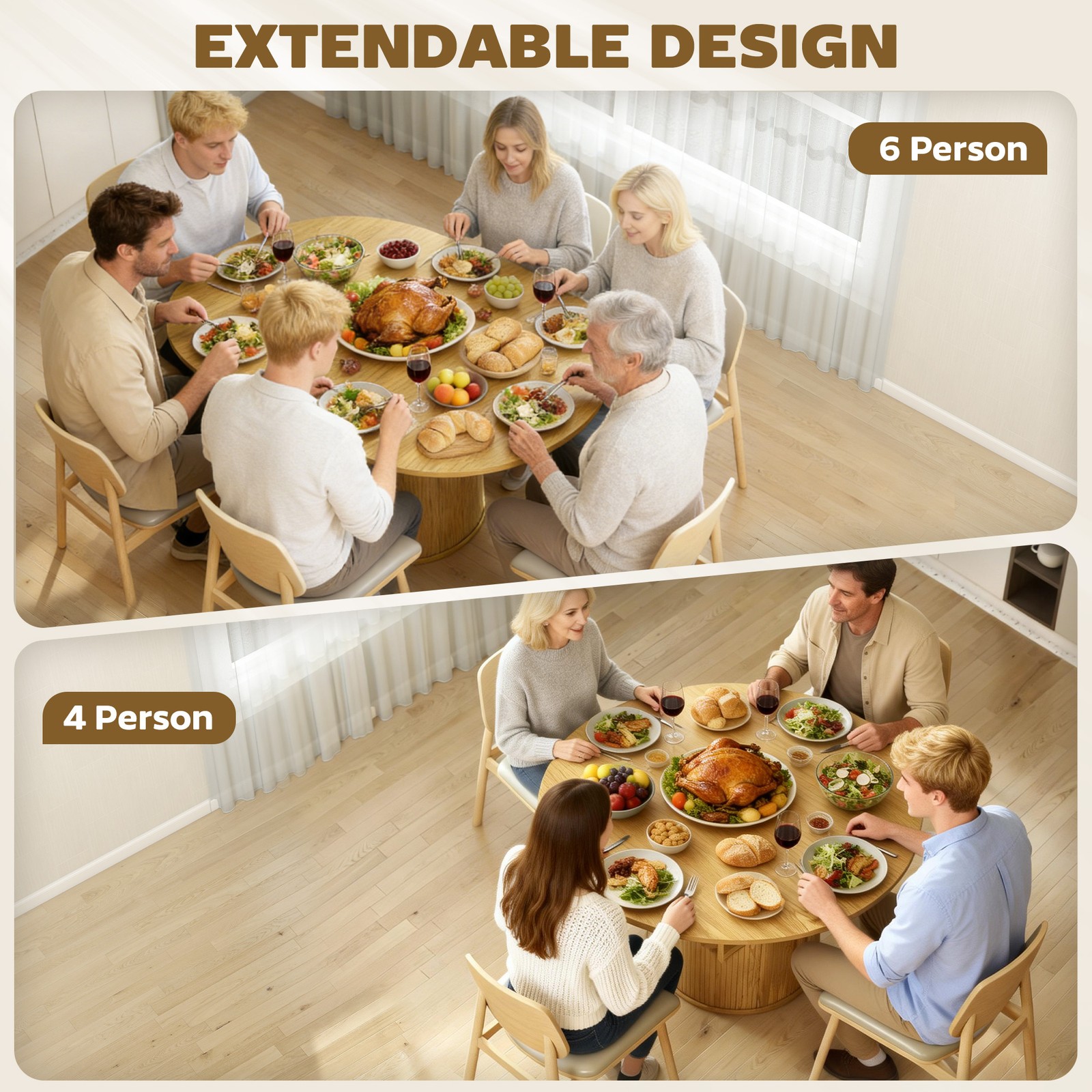 Extendable Dining Table, 60″ Oval Kitchen Table for 6, Natural Wood