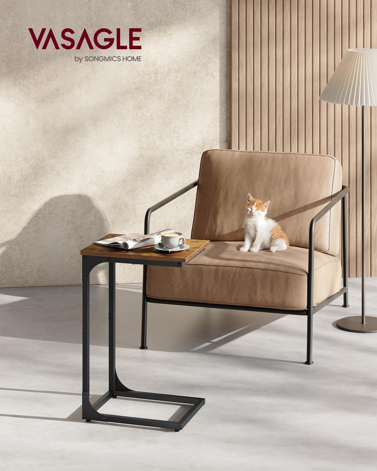 VASAGLE C-Shaped End Table, 11.8 x 15.7 x 24.4 Inches, Rustic Brown + Black