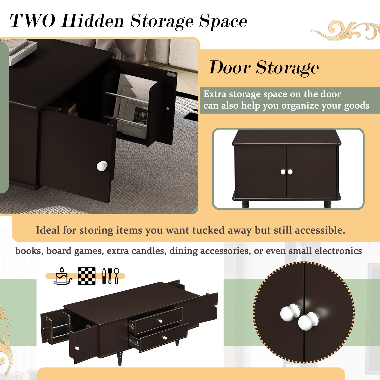 A rectangular coffee table with four drawers and two hidden storage compartments