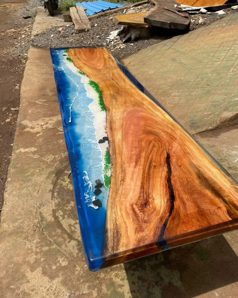 “Blue Ocean River Epoxy Resin Dining Table – Live Edge Beach Luxury Furniture”