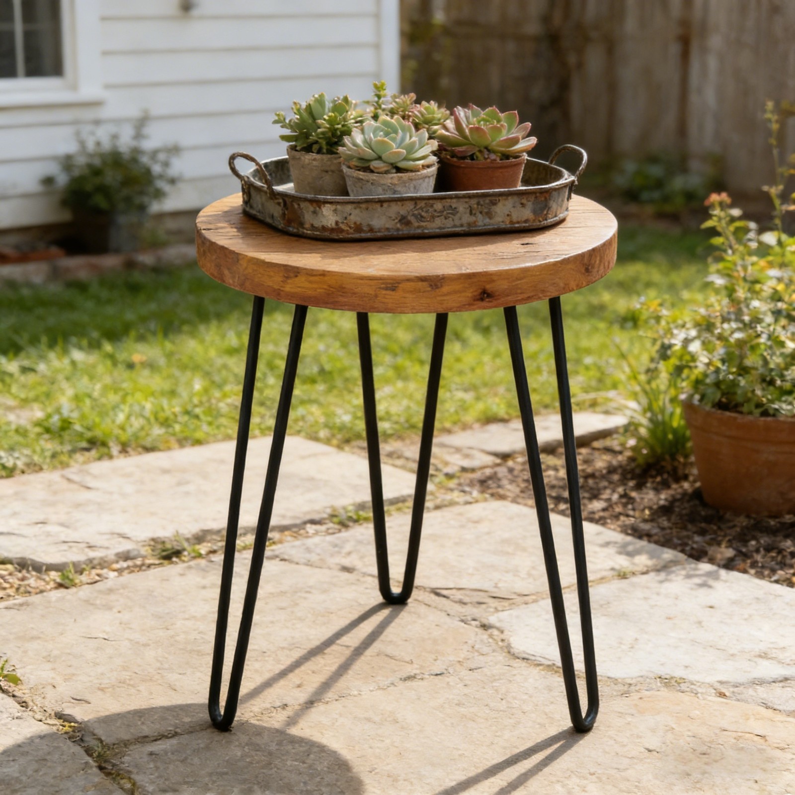 GREENAGE Rustic Old Elm Wood Round End Table Nightstand Sofa Side Table 20.5″ H