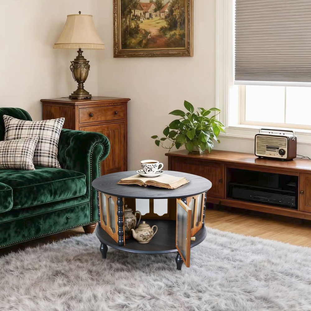 31.5 in Round Three-Door Storage Coffee Table Real Wood Veneer Coffee Table