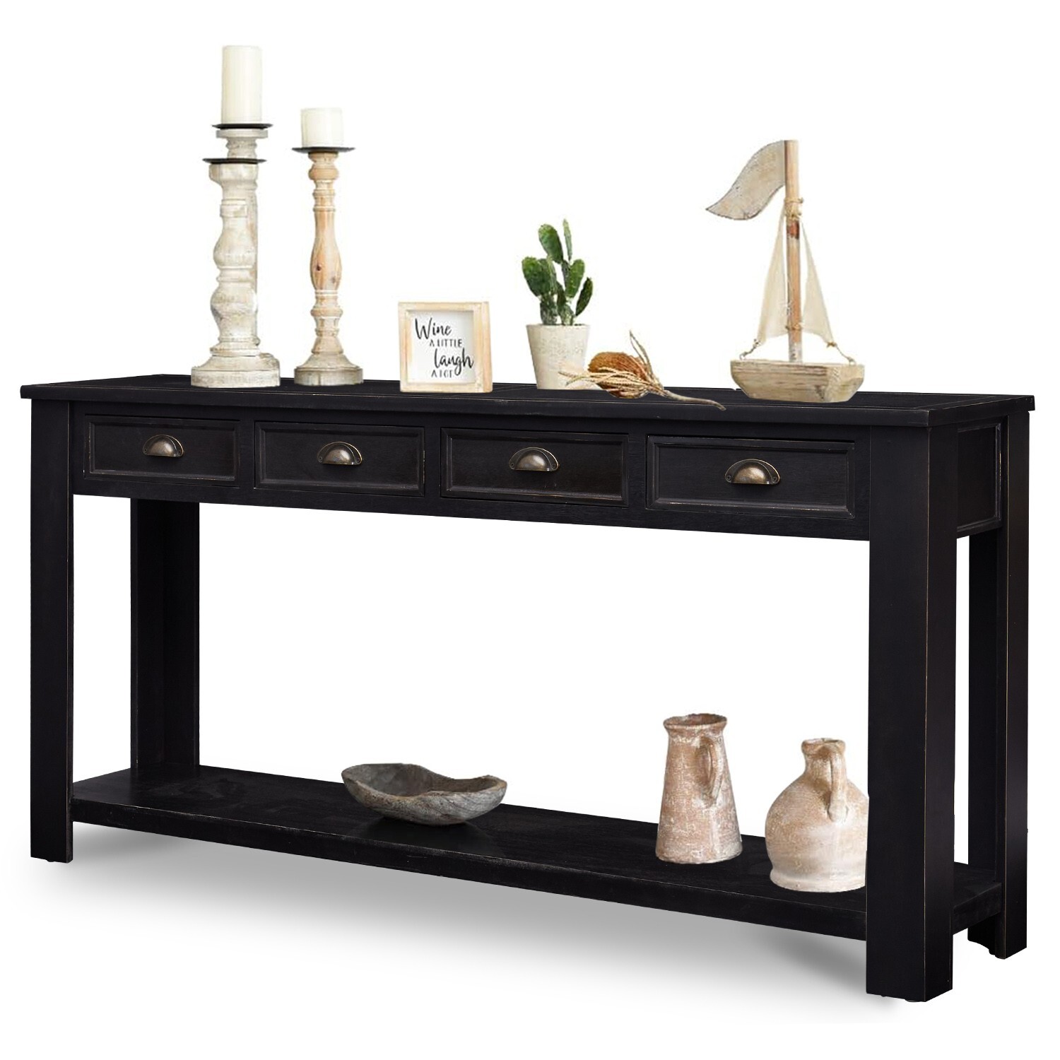 Rustic Entryway Console Table 60 ” Long Sofa Table with 4 Drawers Shelf Wooden