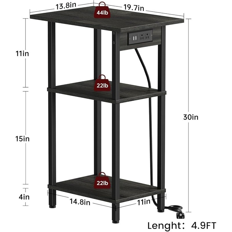Slim Side Table W/ Charging Station 3-Tier End Table Living Room & Bedroom New