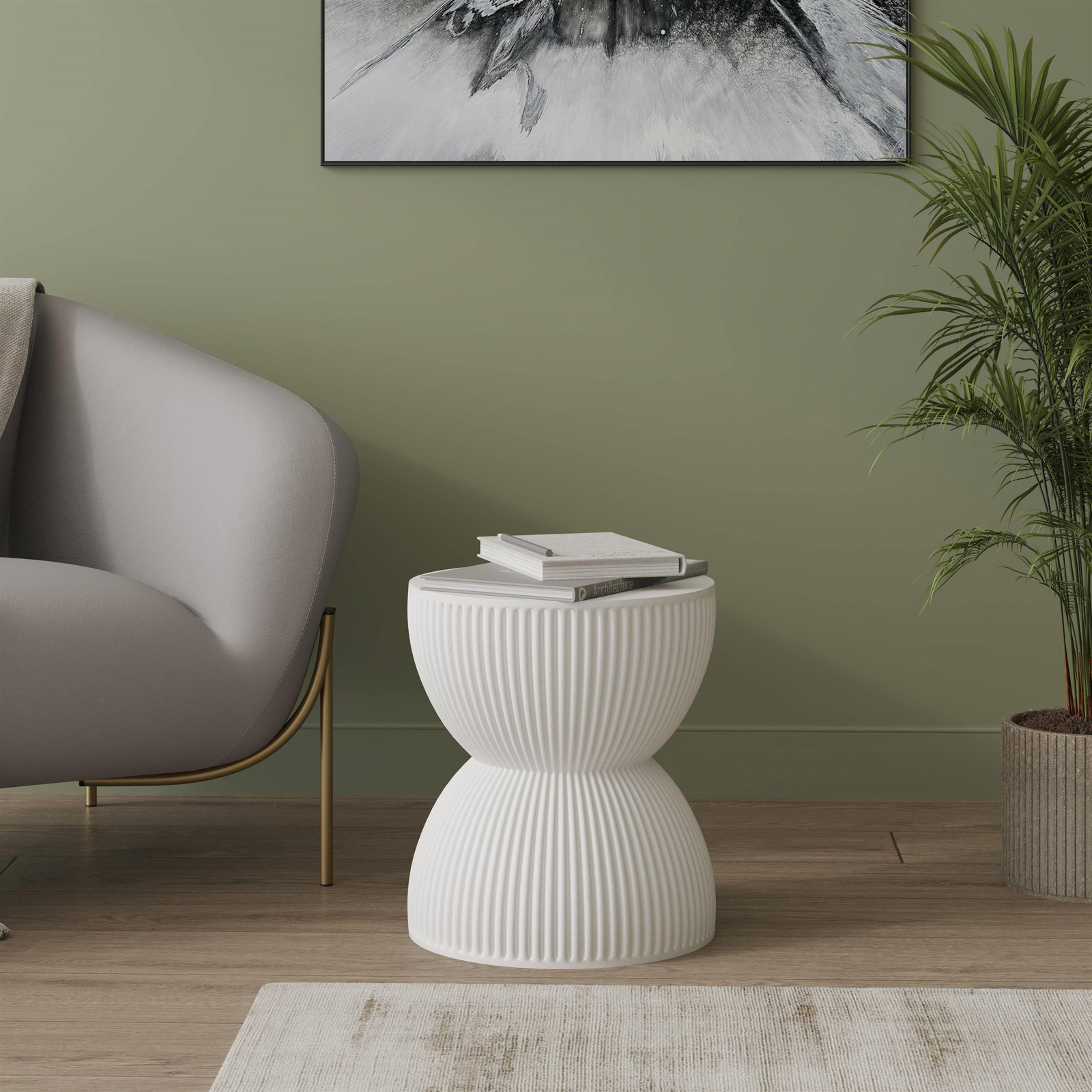 LeisureMod 15″ Round Fiberstone Side Table Hourglass Design in White
