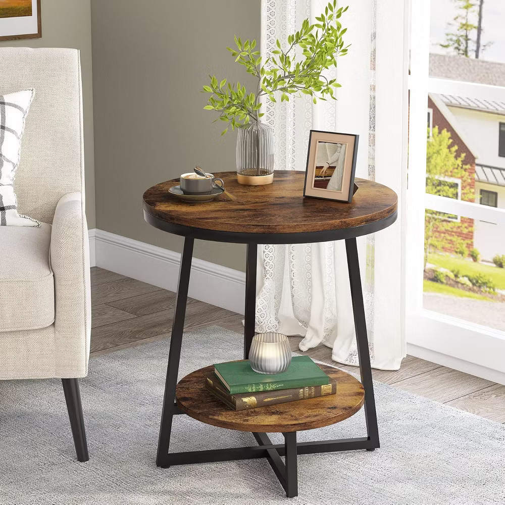 Tribesigns 2pcs 2-Tier Round Side Table with Storage Shelf, Rustic Brown