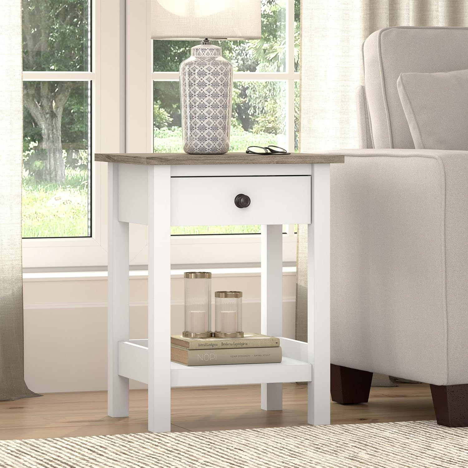 Mayfield Small End Table with Drawer in White and Shiplap Gray for Any Room