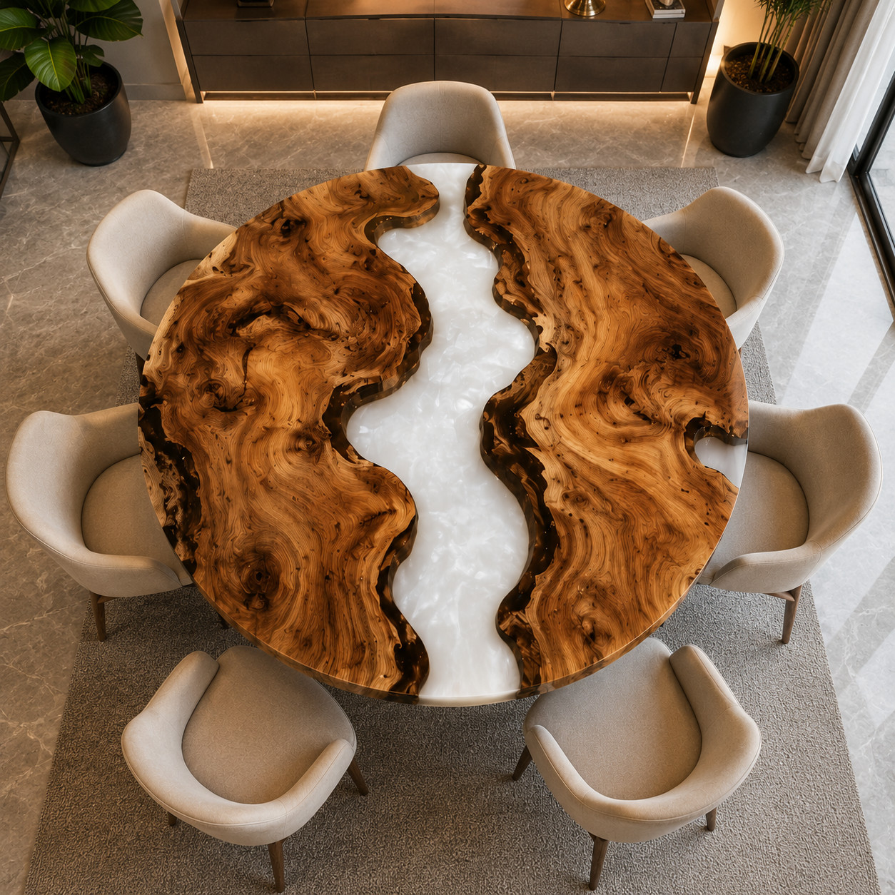 White Epoxy Resin Corner Tabletop Live Edge Wood Luxury Custom Furniture Decor