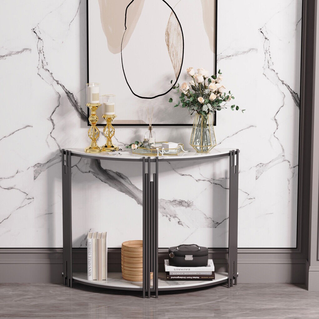 2 Tier Half Moon Marble Console Table Narrow Entryway Table Unique Geometric Leg