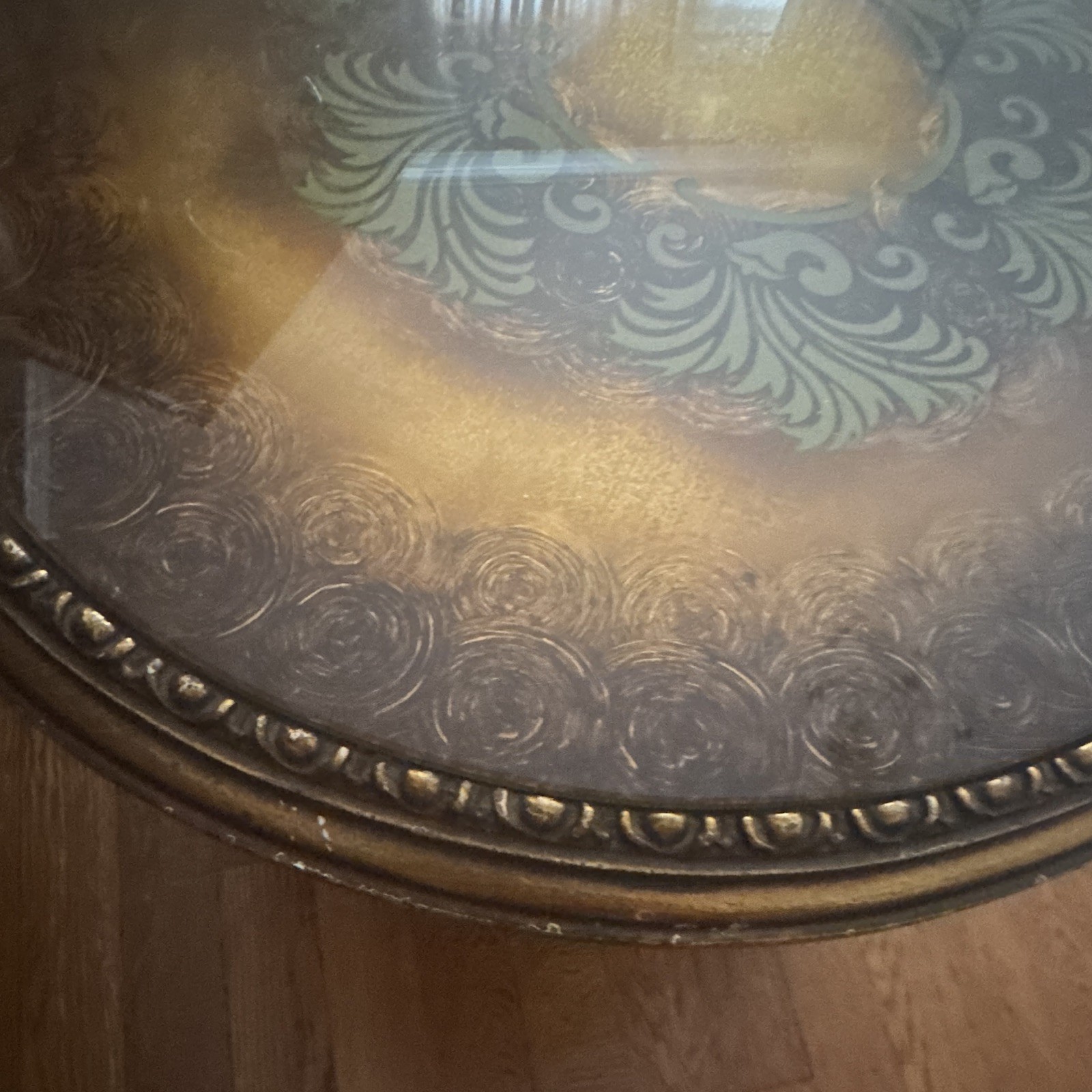 Kidney Coffee Table 1950s Wood/Glass Glossy Floral Brown Green Gold 42×36