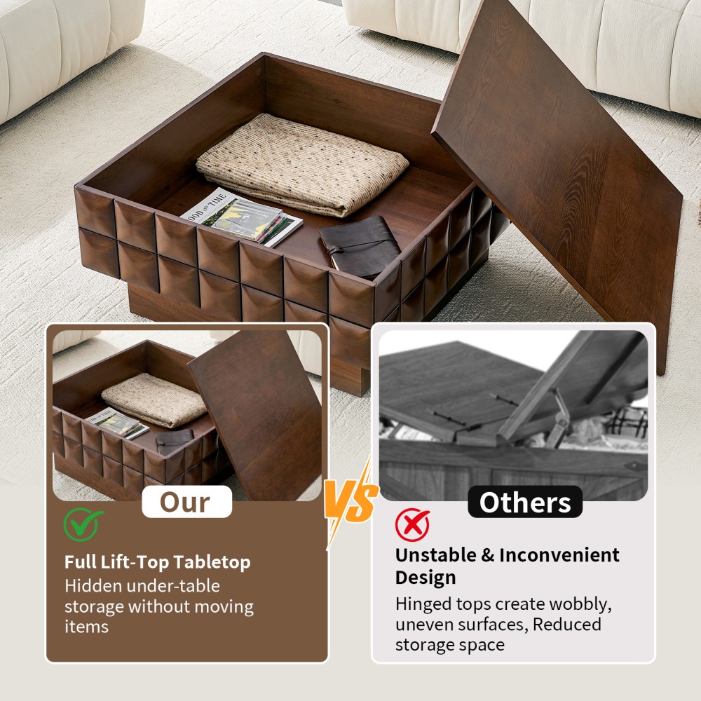 32.7″ Square Walnut Coffee Table – 3D Cube-Textured Wrap, Ash Veneer Top