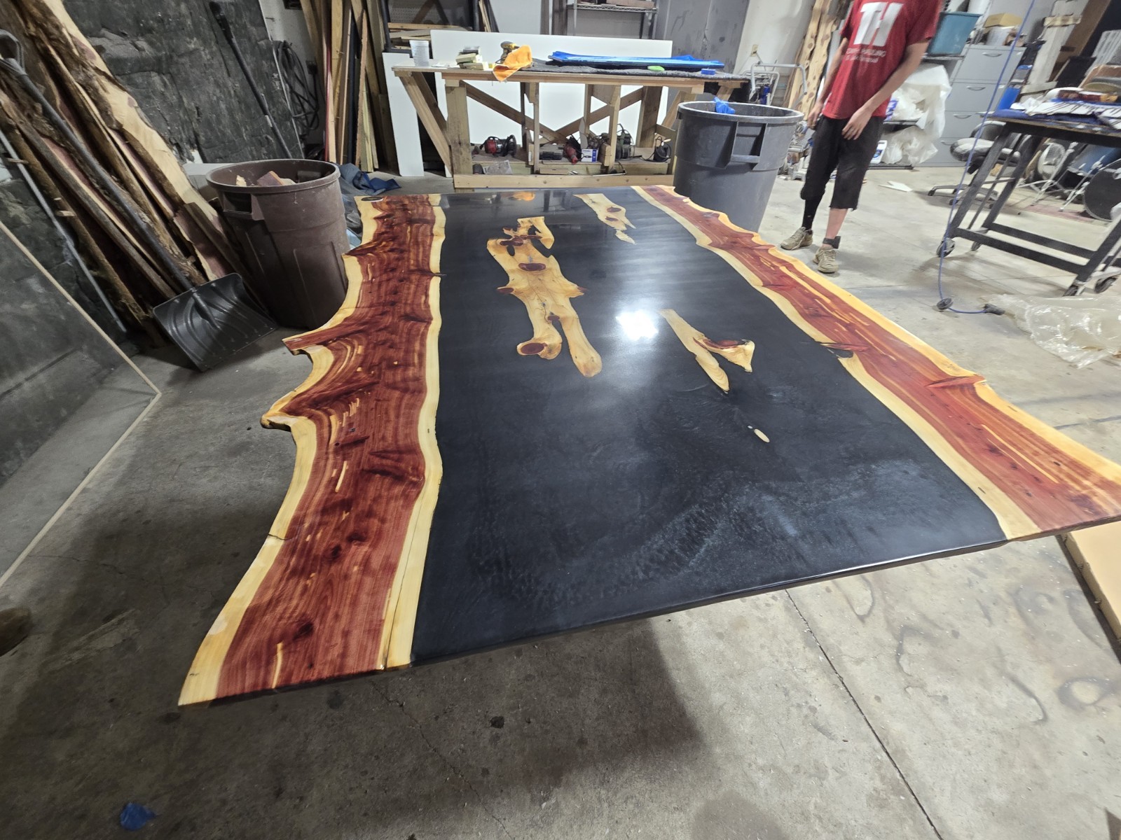 Kansas Cedar Live Edge Resin Rectangular Dining Table, Black/Brown Glossy Finish