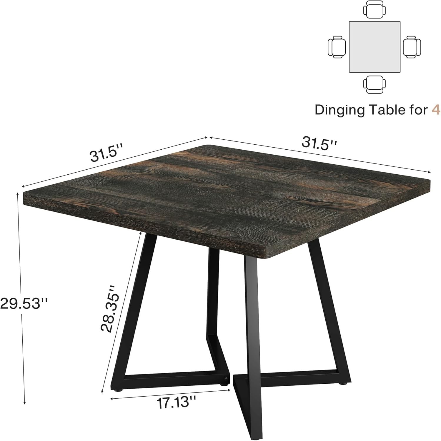Square Dining Table for 2-4, 31.5″ Industrial Small Kichen Table with Metal Base
