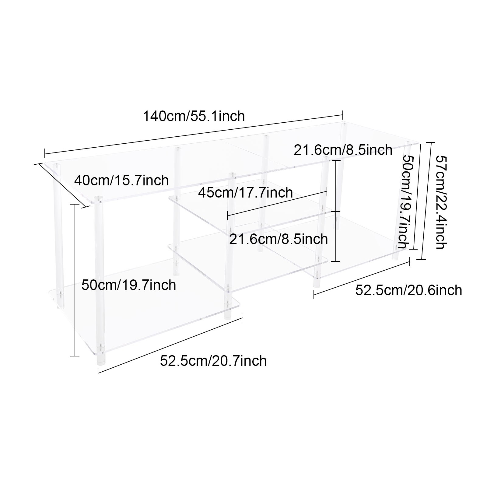 55.1*15.7*22.4in Clear TV Console Table Acrylic TV Stand Media Console Table