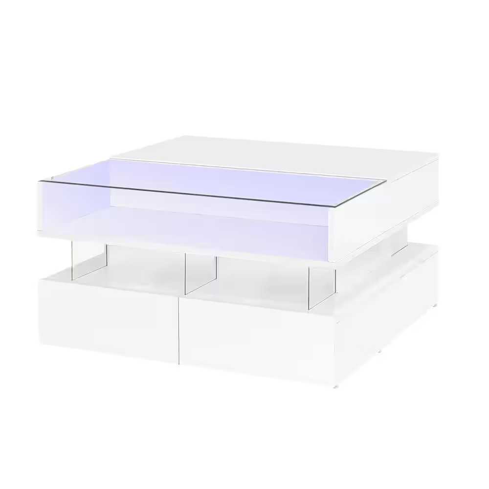 29.5 In. White Lift-Top Square Glass Top Coffee Table with 2 Drawers, High-Gloss