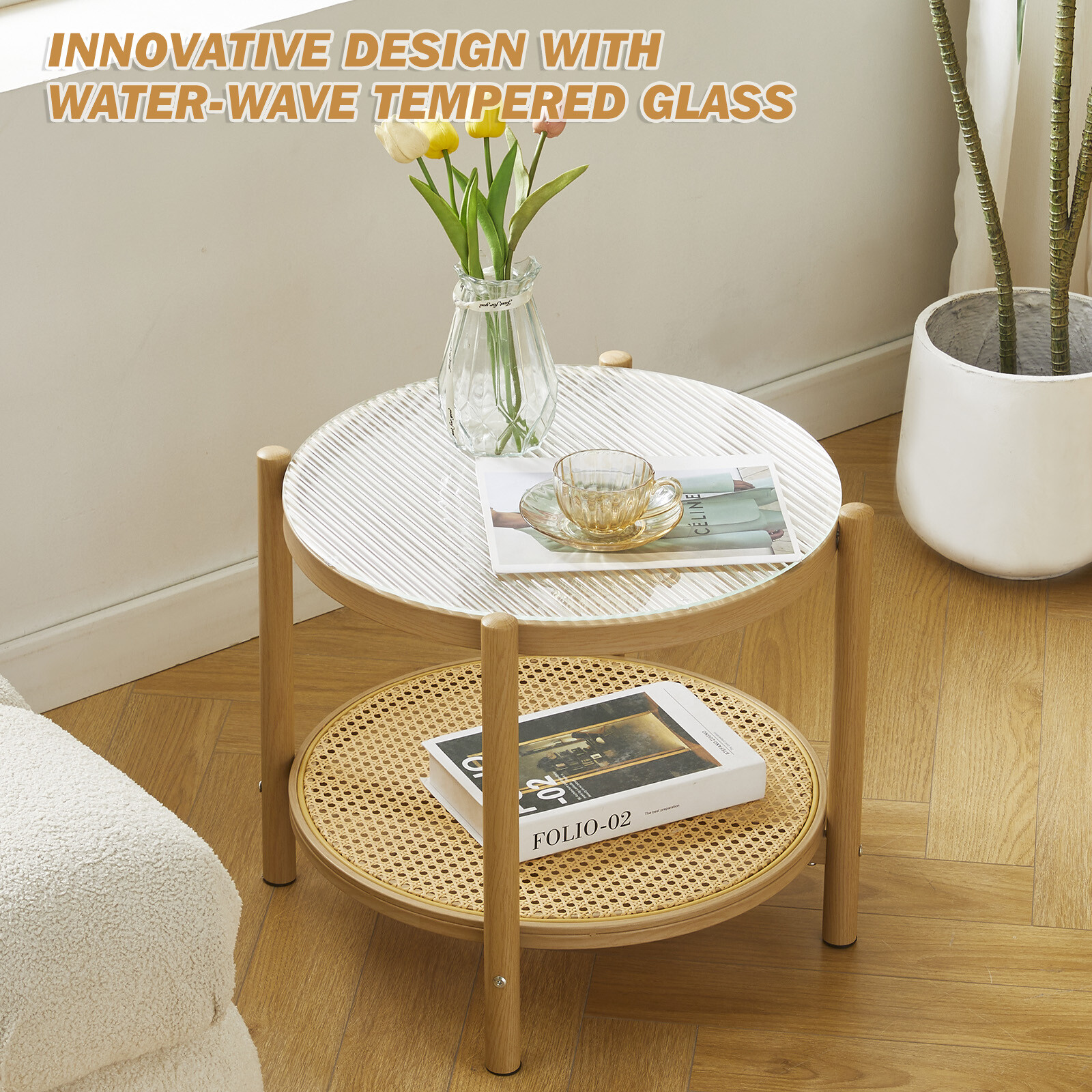 Modern Round Rattan Glass Metal Coffee Table Small 2-Tier End Table Living Room