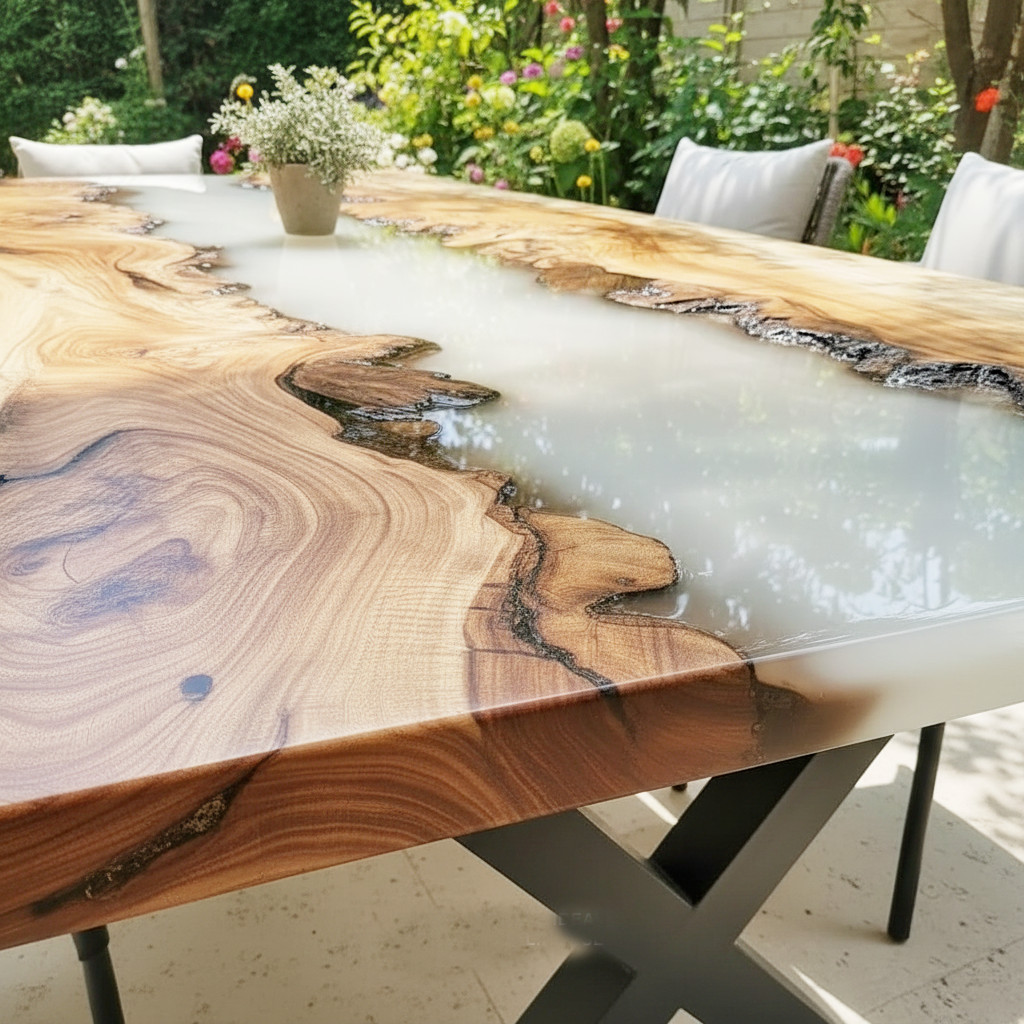 White Resin River Live Edge Dining Table | Handmade Solid Wood Epoxy Table