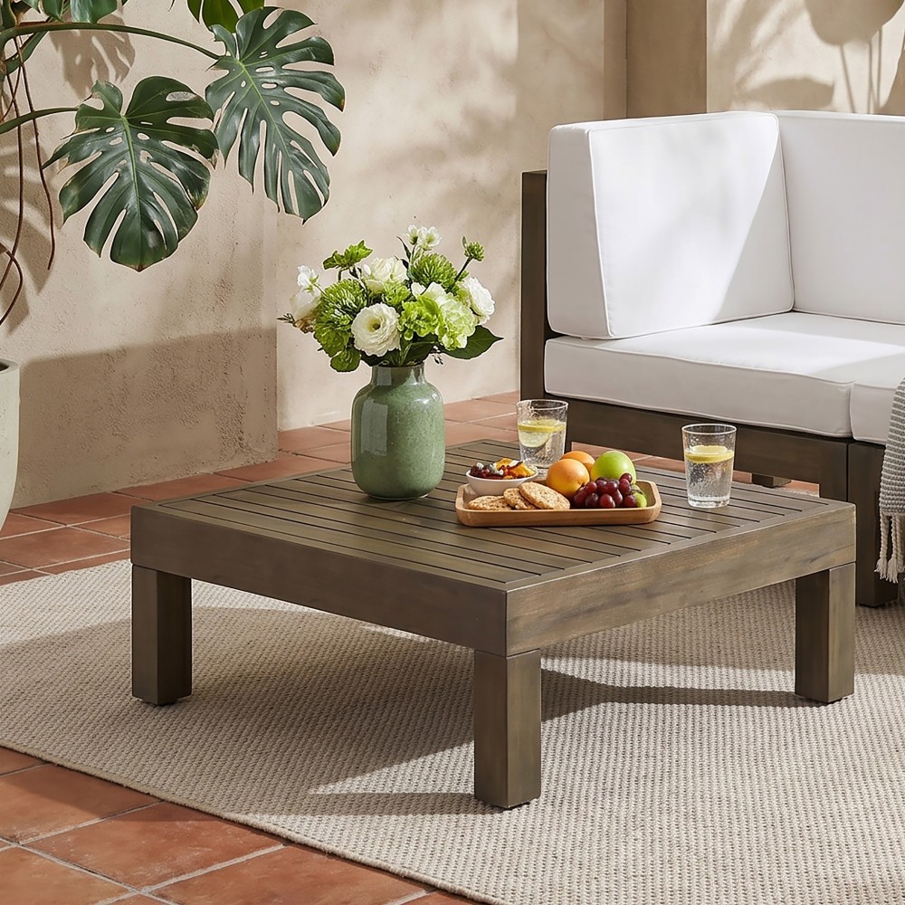 Grey Concrete Coffee Table Round Wood Base Modern Living Room