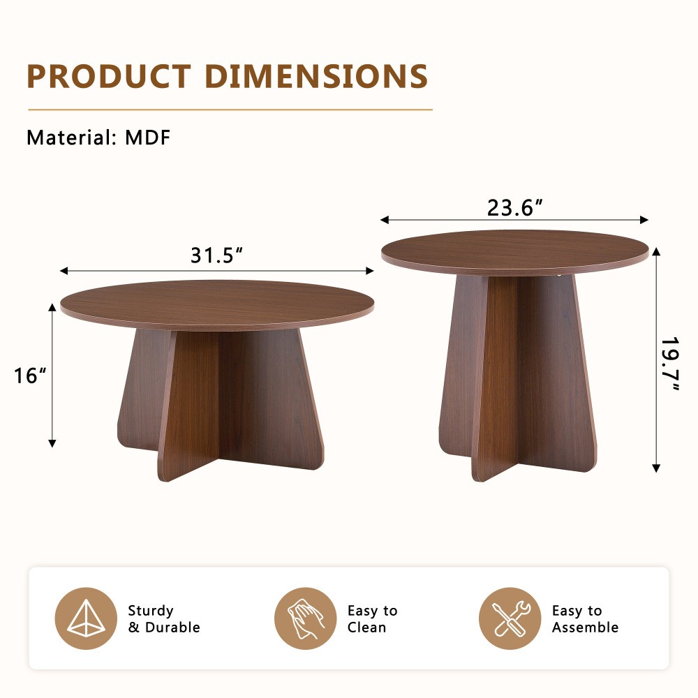 Retro Nesting Coffee Table Set, Round Side Tables with Wood Legs