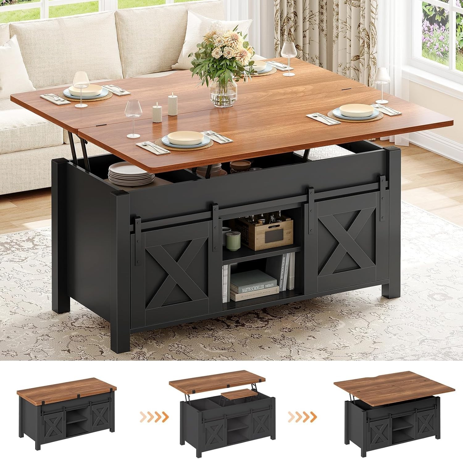 Farmhouse Lift Top Coffee Table, 4 in 1 Convertible Coffee Table with Storage