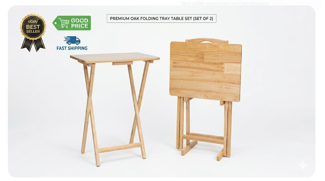 Rubberwood Folding TV Tray Table Set 2Pc Natural with Storage Rack