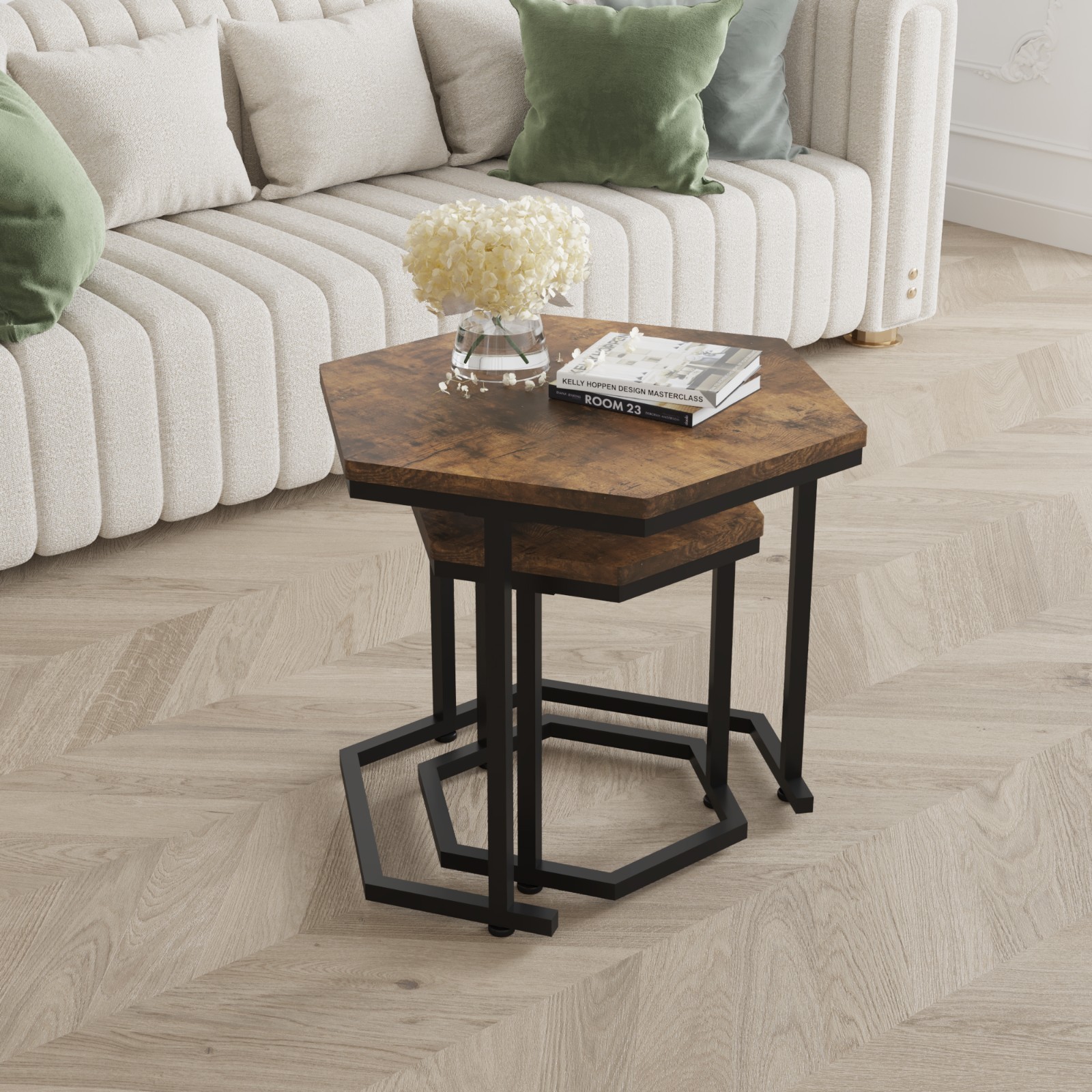 2pcs MDF Board Side End Table Nested Table Metal Frame Coffee Table Nightstands
