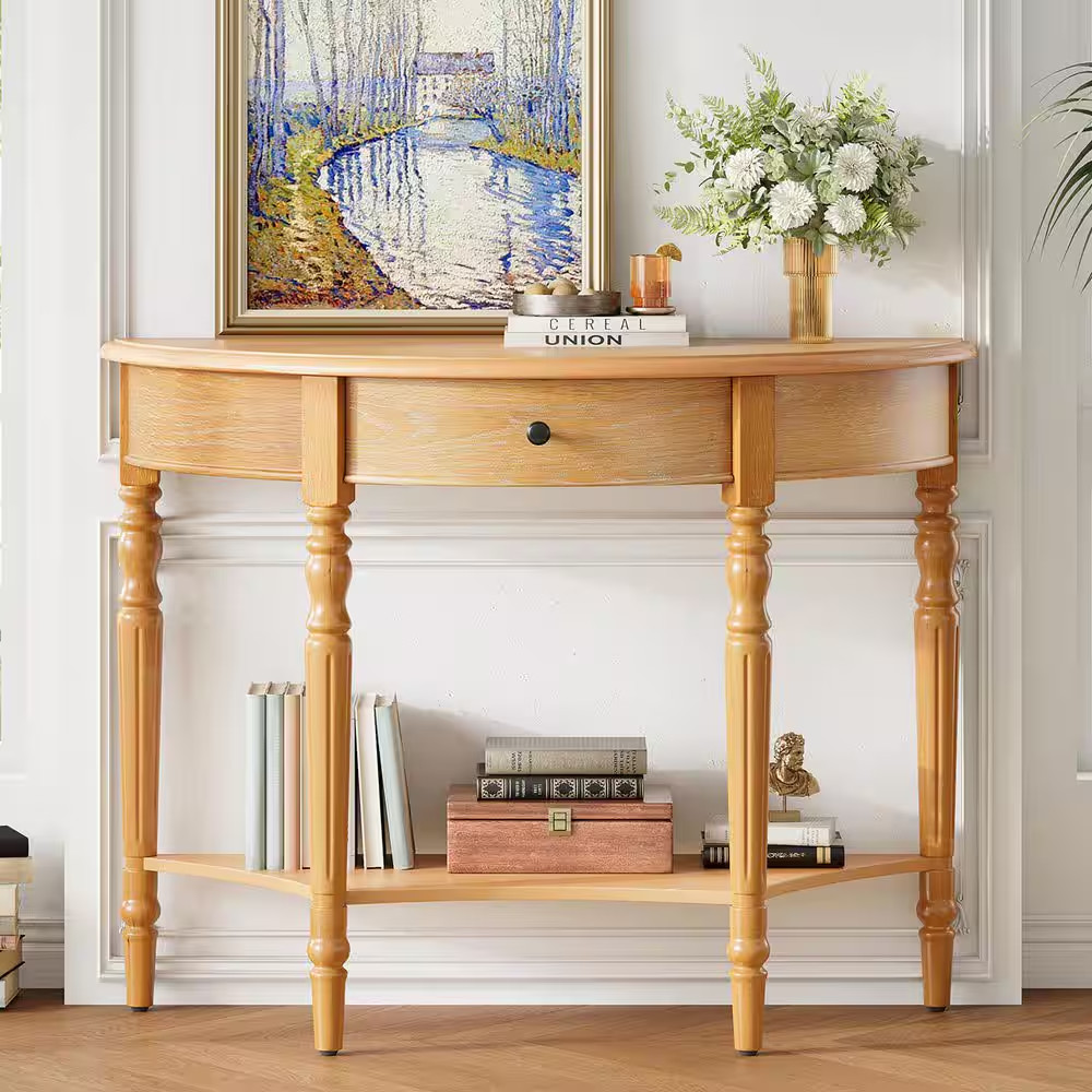 39 In. Natural Half-Moon Wood Console Table with Drawer and Shelf
