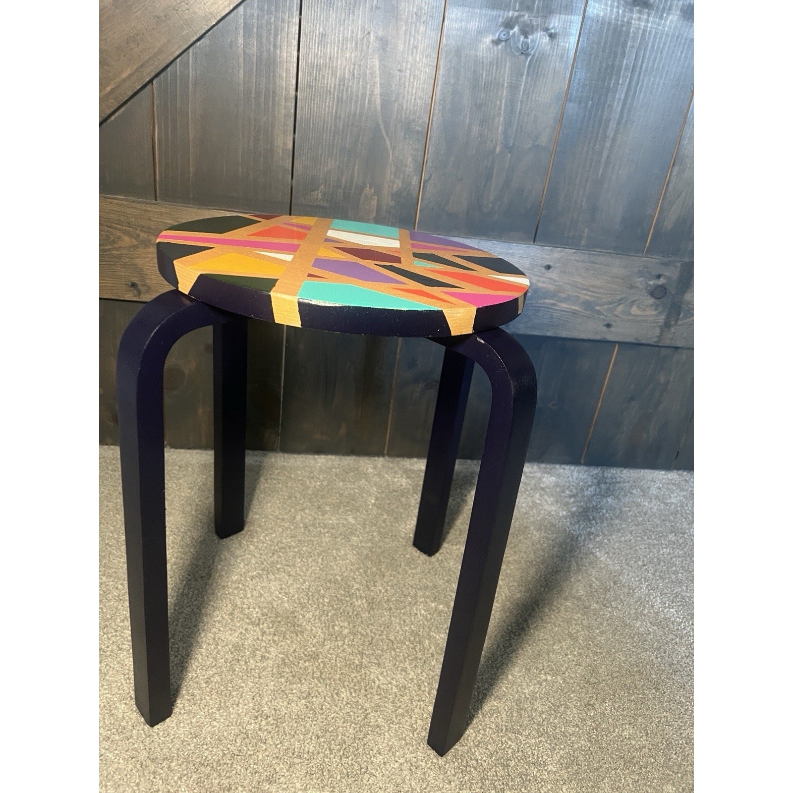 Hand-Painted Side Table Unique Colorful Navy Blue Legs Gold Geometric Boho