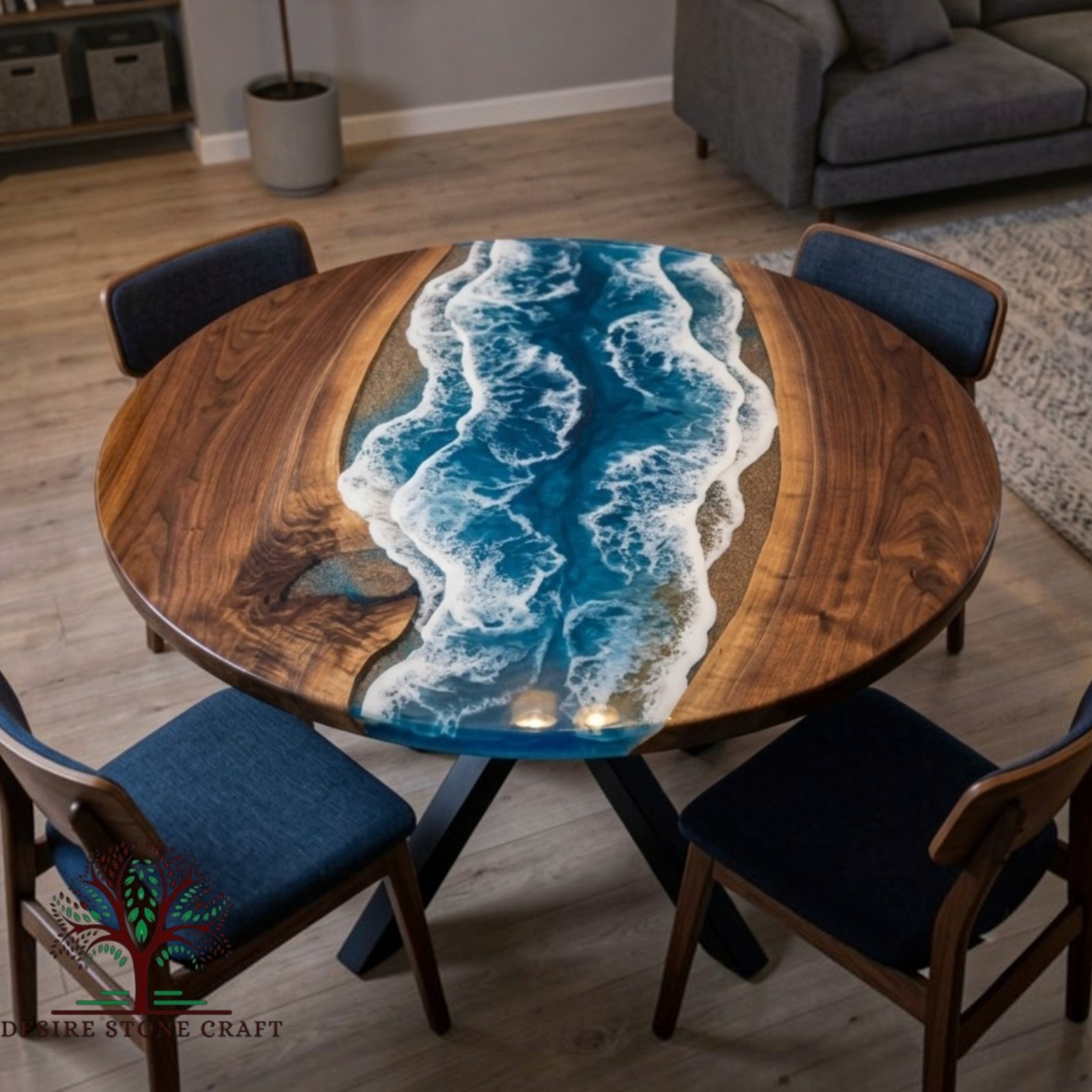 Ocean Wave Blue Resin Round Dining Table Live Edge Wood Epoxy River Table