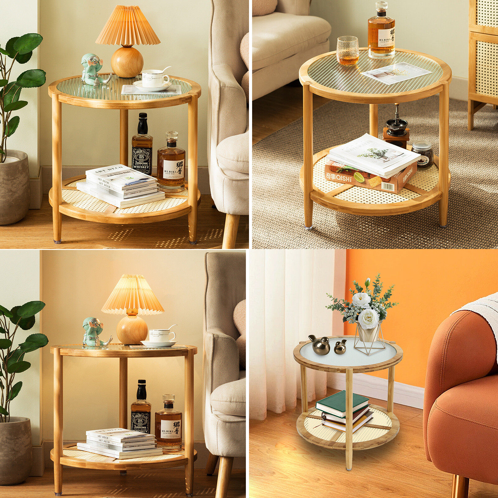 Round Coffee Table,Wood Living Room Table 2 Tiers Indoor End Table Free Standing