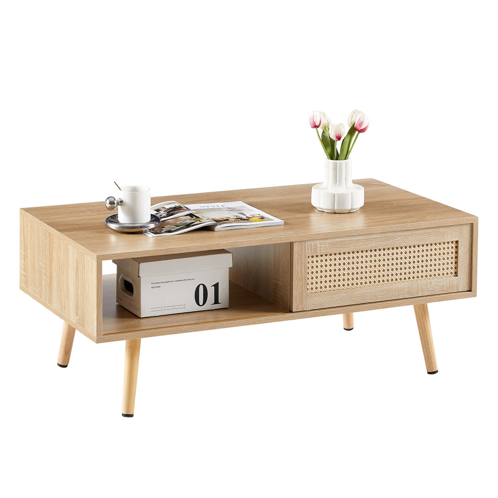 White Rattan Coffee Table with Sliding Doors – Perfect for Living Room