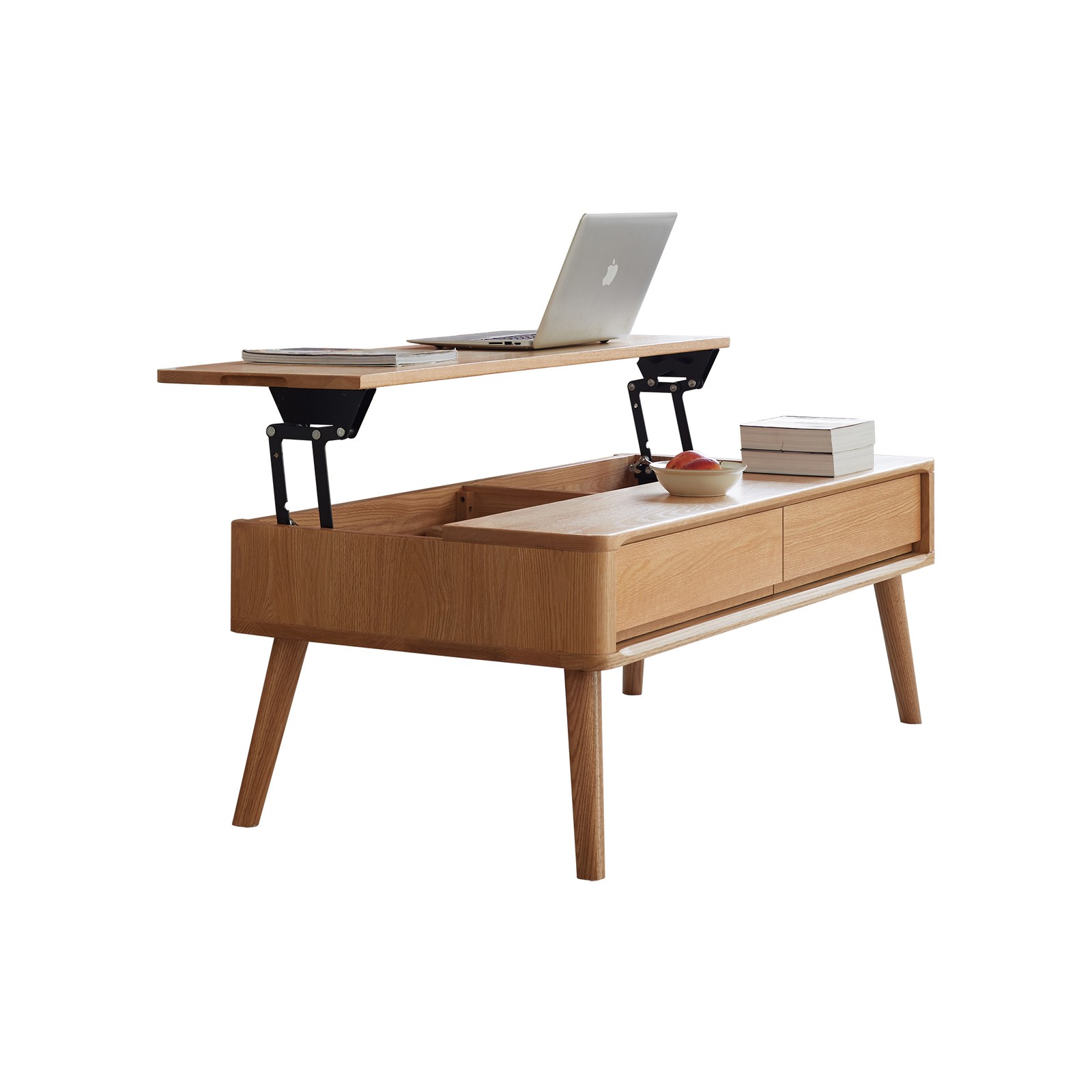Lift-Top Coffee Table Solid Oak Wood Storage Shelf Natural Color