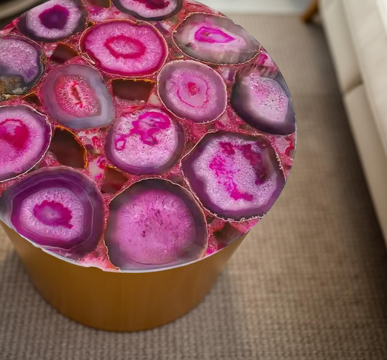 Pink Agate Round Coffee Table | Handmade Gemstone Side Table for Living Room