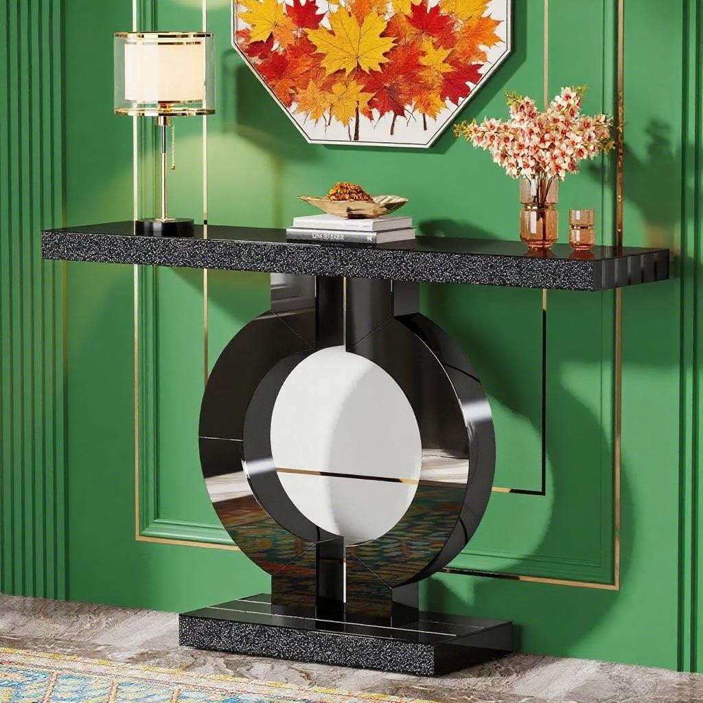 Long Console Table with A Pristine Mirrored Finish and A Unique O-shaped Base