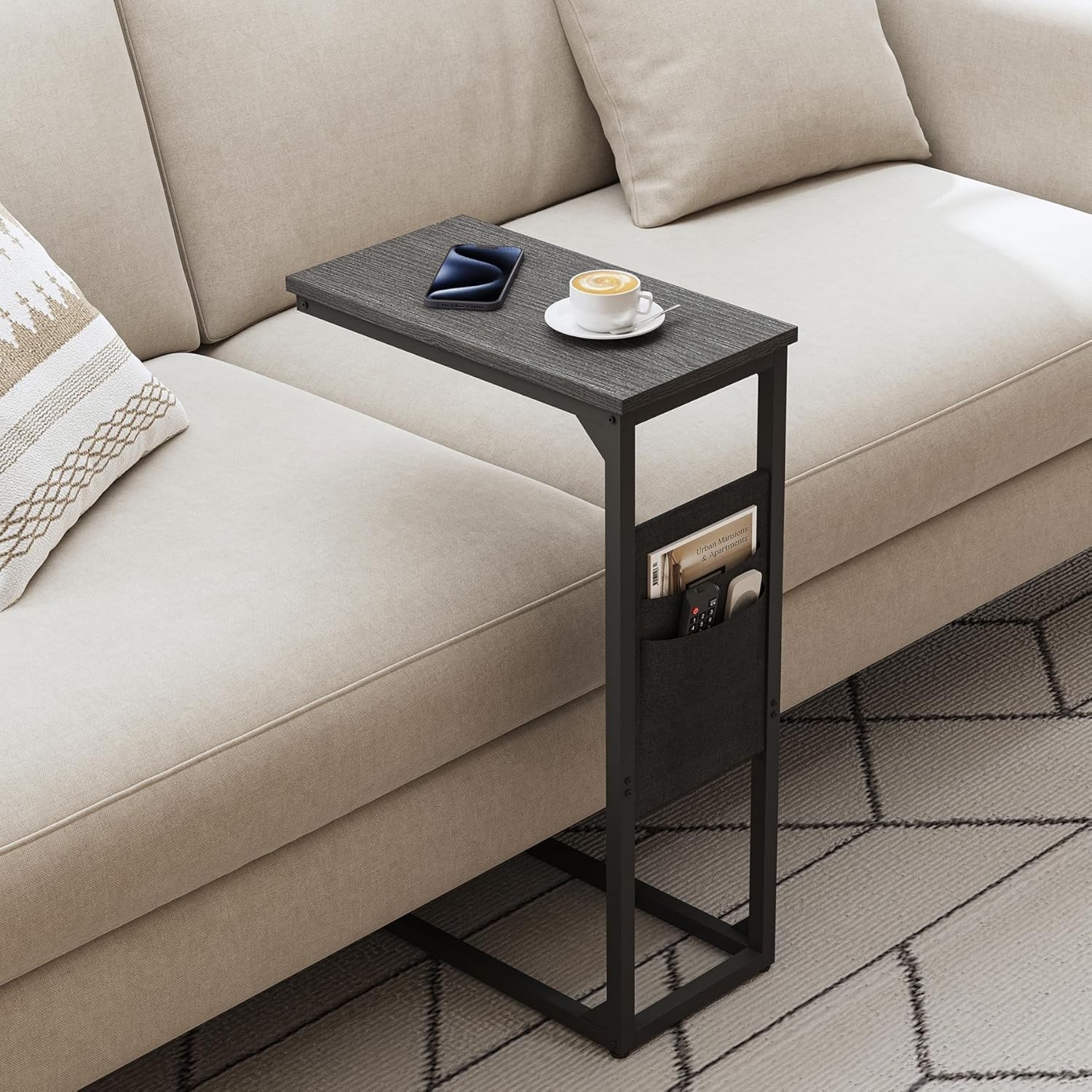 Bamboo C Shaped End Table, 360° Rotatable TV Tray for Couch, Adjustable Heigh…