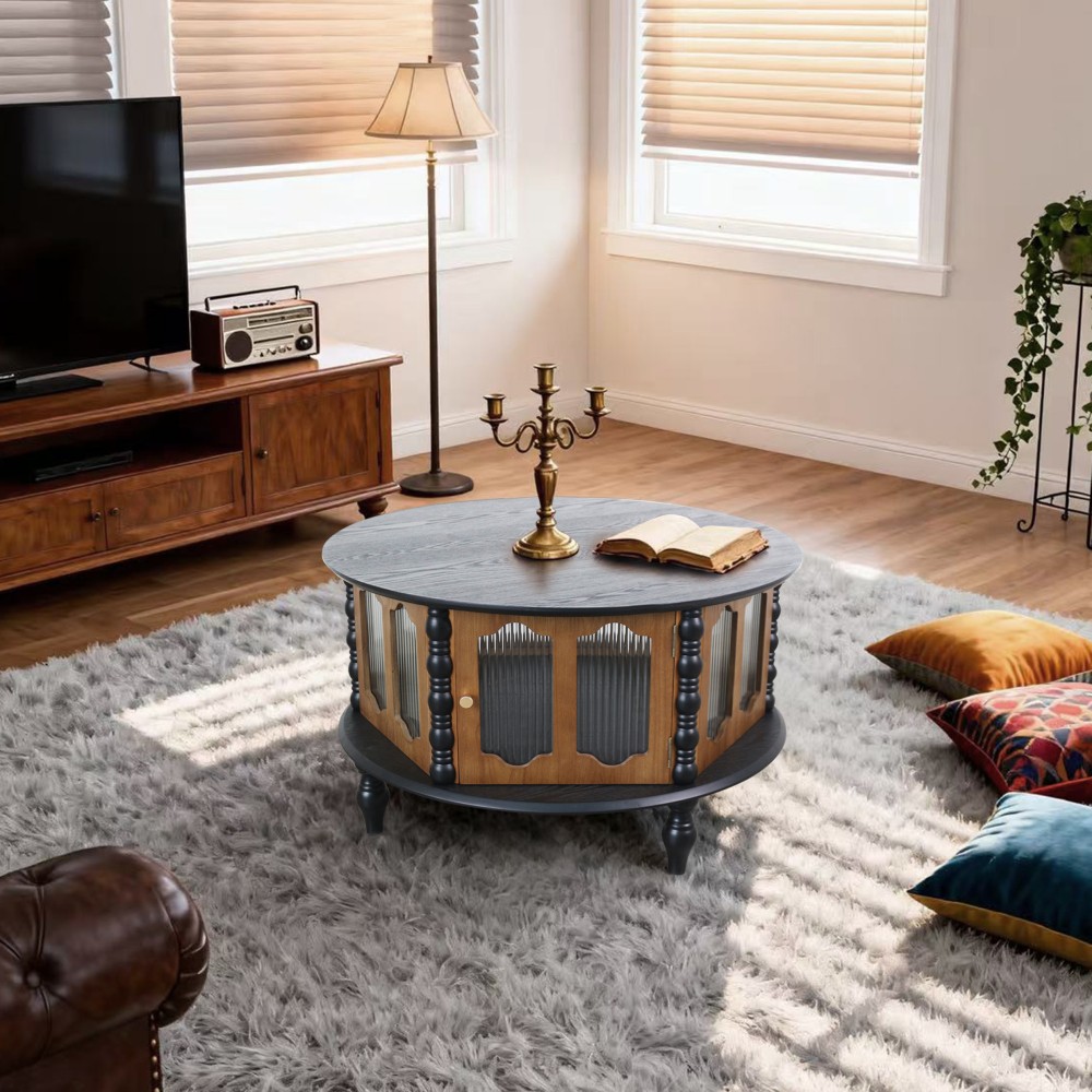 31.5 in Round Three-Door Storage Coffee Table Real Wood Veneer Coffee Table