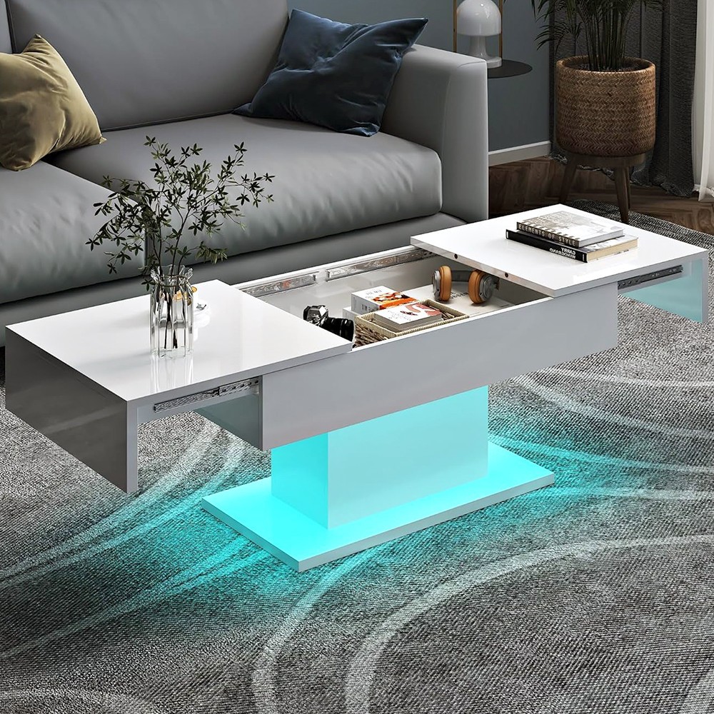 RGB LED MODERN COFFEE TABLE WITH HIDDEN STORAGE 69″ EXTENDABLE SLIDING TOP WHITE