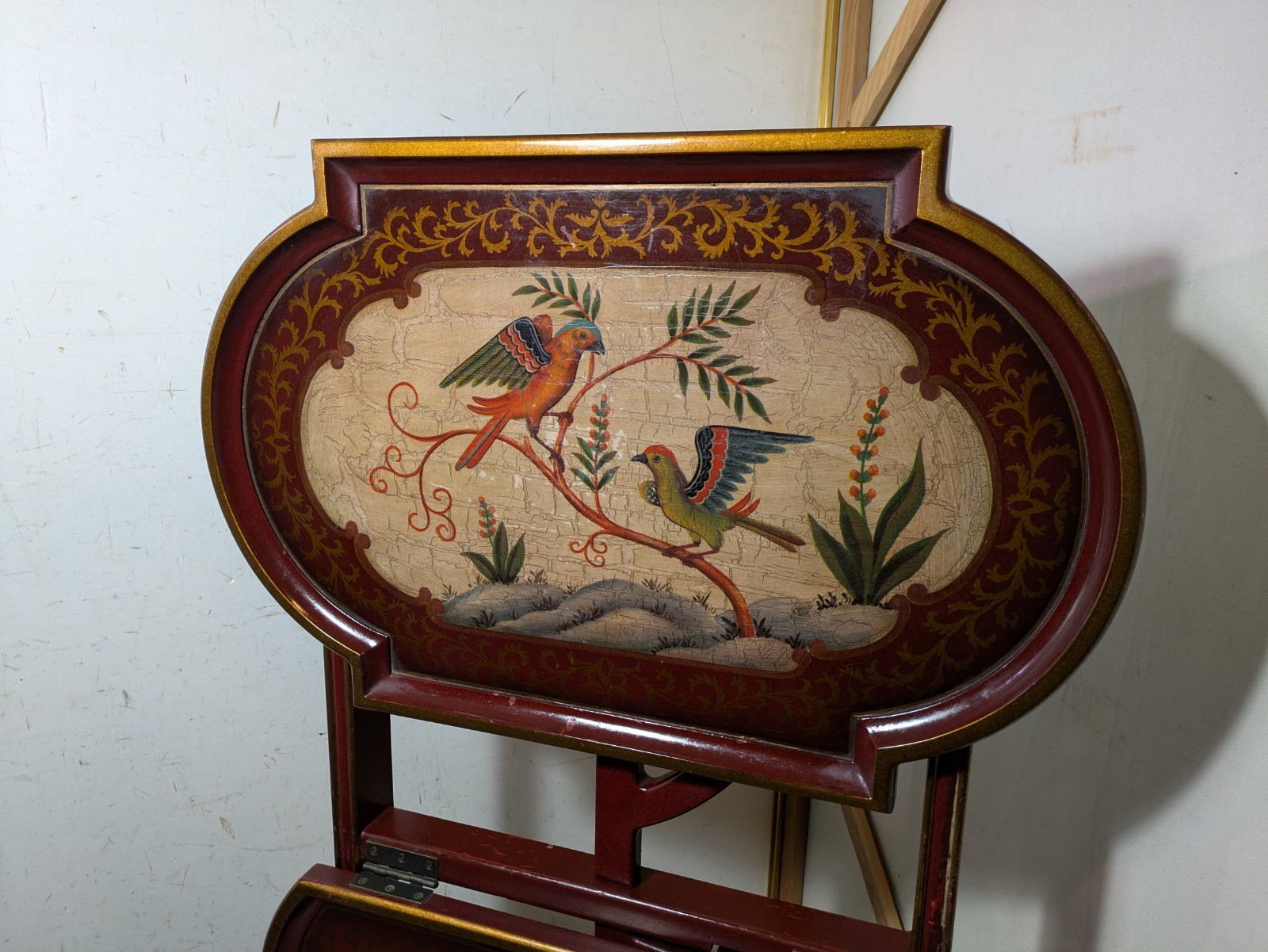Vintage Asian Chinoiserie Folding Butler Tray Table Hand Painted Birds Red/Gold