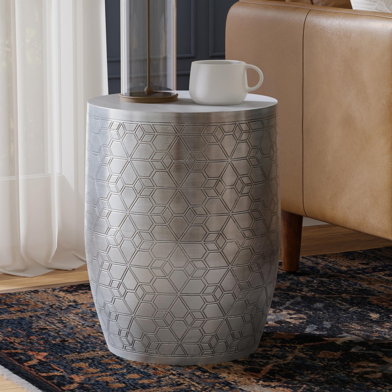 Johnsen15″WD Boho Geometric Pattern Metal Accent Table in Silver Iron&Assembled
