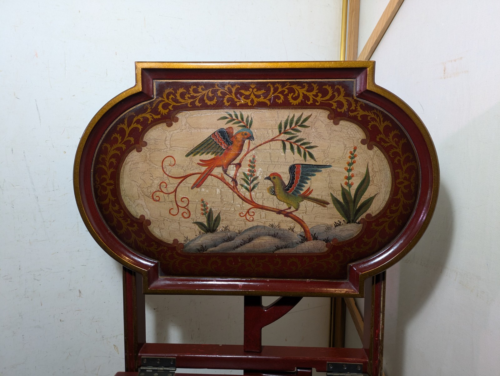 Vintage Asian Chinoiserie Folding Butler Tray Table Hand Painted Birds Red/Gold